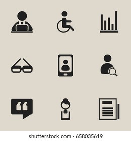Set Of 9 Editable Office Icons. Includes Symbols Such As Businesswoman, Handicapped, Comment. Can Be Used For Web, Mobile, UI And Infographic Design.