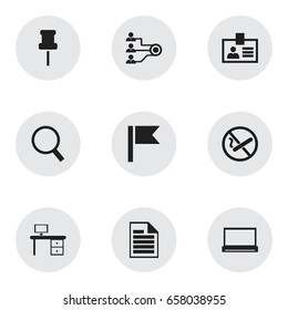 Set Of 9 Editable Office Icons. Includes Symbols Such As Authentication, Loupe, Marker And More. Can Be Used For Web, Mobile, UI And Infographic Design.