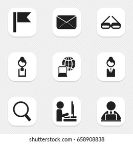 Set Of 9 Editable Office Icons. Includes Symbols Such As Businesswoman, Eyeglasses, Loupe And More. Can Be Used For Web, Mobile, UI And Infographic Design.