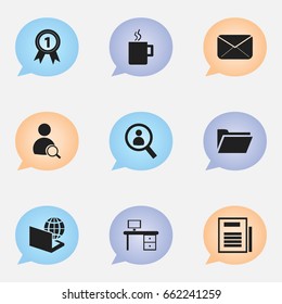 Set Of 9 Editable Office Icons. Includes Symbols Such As Badge, Page, Dossier And More. Can Be Used For Web, Mobile, UI And Infographic Design.