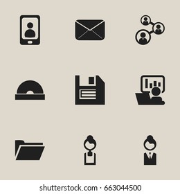 Set Of 9 Editable Office Icons. Includes Symbols Such As Compact Disk, Businesswoman, Floppy And More. Can Be Used For Web, Mobile, UI And Infographic Design.