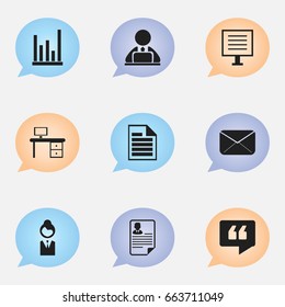 Set Of 9 Editable Office Icons. Includes Symbols Such As Comment, Line Chart, Job Woman And More. Can Be Used For Web, Mobile, UI And Infographic Design.