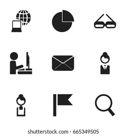 Set Of 9 Editable Office Icons. Includes Symbols Such As Eyeglasses, Pennant, World And More. Can Be Used For Web, Mobile, UI And Infographic Design.