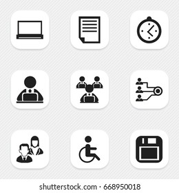 Set Of 9 Editable Office Icons. Includes Symbols Such As Floppy Disk, Employee, Watch And More. Can Be Used For Web, Mobile, UI And Infographic Design.