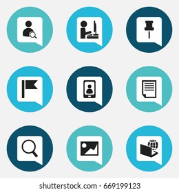 Set Of 9 Editable Office Icons. Includes Symbols Such As File, Globe, Telephone And More. Can Be Used For Web, Mobile, UI And Infographic Design.