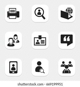 Set Of 9 Editable Office Icons. Includes Symbols Such As Globe, Worker With Laptop, Search And More. Can Be Used For Web, Mobile, UI And Infographic Design.