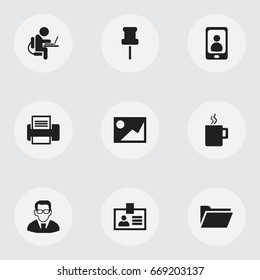 Set Of 9 Editable Office Icons. Includes Symbols Such As Dossier, Professor, Picture And More. Can Be Used For Web, Mobile, UI And Infographic Design.