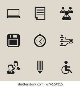 Set Of 9 Editable Office Icons. Includes Symbols Such As Handicapped, Floppy Disk, File. Can Be Used For Web, Mobile, UI And Infographic Design.