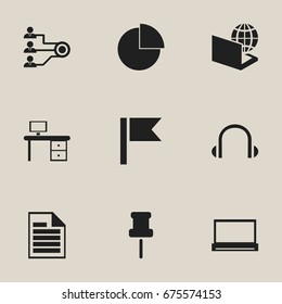 Set Of 9 Editable Office Icons. Includes Symbols Such As Earphone, Pennant, Circle Diagram And More. Can Be Used For Web, Mobile, UI And Infographic Design.