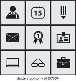Set Of 9 Editable Office Icons. Includes Symbols Such As Workman In Laptop, Authentication, Monitor And More. Can Be Used For Web, Mobile, UI And Infographic Design.
