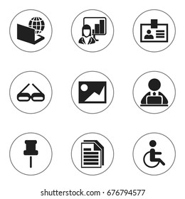 Set Of 9 Editable Office Icons. Includes Symbols Such As Pushpin, Sheets, Globe And More. Can Be Used For Web, Mobile, UI And Infographic Design.