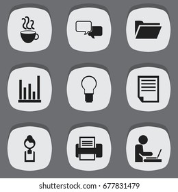 Set Of 9 Editable Office Icons. Includes Symbols Such As Cup Of Tea, Printing Machine, Light And More. Can Be Used For Web, Mobile, UI And Infographic Design.