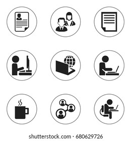 Set Of 9 Editable Office Icons. Includes Symbols Such As Person Working On Computer, Staff, Worker In Laptop And More. Can Be Used For Web, Mobile, UI And Infographic Design.