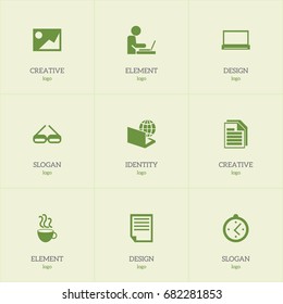 Set Of 9 Editable Office Icons. Includes Symbols Such As Picture, Sheets, Cup Of Tea And More. Can Be Used For Web, Mobile, UI And Infographic Design.