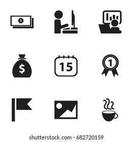 Set Of 9 Editable Office Icons. Includes Symbols Such As Dollar, Badge, Picture And More. Can Be Used For Web, Mobile, UI And Infographic Design.