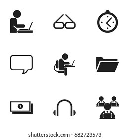 Set Of 9 Editable Office Icons. Includes Symbols Such As Message Bubble, Earphone, Spectacle And More. Can Be Used For Web, Mobile, UI And Infographic Design.