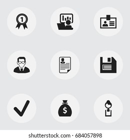 Set Of 9 Editable Office Icons. Includes Symbols Such As Professor, Document, Badge And More. Can Be Used For Web, Mobile, UI And Infographic Design.