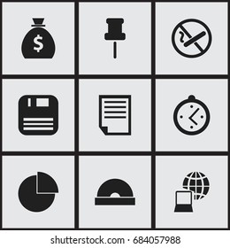 Set Of 9 Editable Office Icons. Includes Symbols Such As Money Bag, Circle Diagram, Smoking Forbidden And More. Can Be Used For Web, Mobile, UI And Infographic Design.