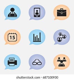 Set Of 9 Editable Office Icons. Includes Symbols Such As Staff, Worker With Laptop, Line Chart And More. Can Be Used For Web, Mobile, UI And Infographic Design.