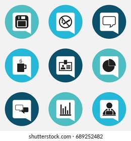 Set Of 9 Editable Office Icons. Includes Symbols Such As Mug, Circle Diagram, Authentication And More. Can Be Used For Web, Mobile, UI And Infographic Design.