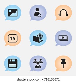 Set Of 9 Editable Office Icons. Includes Symbols Such As Diskette, Globe, Earphone And More. Can Be Used For Web, Mobile, UI And Infographic Design.