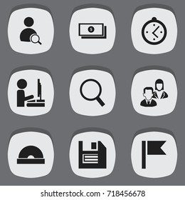 Set Of 9 Editable Office Icons. Includes Symbols Such As Employee, Pennant, Search And More. Can Be Used For Web, Mobile, UI And Infographic Design.