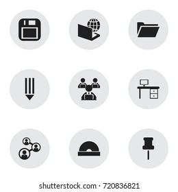 Set Of 9 Editable Office Icons. Includes Symbols Such As Office Desk, Pushpin, Globe And More. Can Be Used For Web, Mobile, UI And Infographic Design.