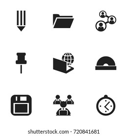 Set Of 9 Editable Office Icons. Includes Symbols Such As Watch, Floppy Disk, Staff And More. Can Be Used For Web, Mobile, UI And Infographic Design.