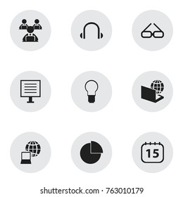 Set Of 9 Editable Office Icons. Includes Symbols Such As Display, Earphone, World And More. Can Be Used For Web, Mobile, UI And Infographic Design.
