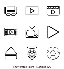 set of 9 editable outline  icons such as clapper board, movie tape, tv, play, eject button, tv set