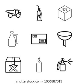 set of 9 editable outline icons such as truck, parcel, filter, spray bottle, question box, soda bottle, milk can, cleanser