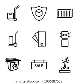 set of 9 editable outline icons such as cart cargo, chinese fast food, cargo box, no standing nearby, sale tag