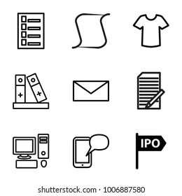 set of 9 editable outline icons such as direction, document, t-shirt, mail, binder, message on phone, pc