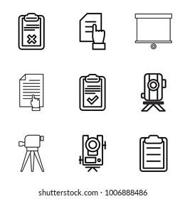 set of 9 editable outline icons such as level equipment, pointing on document, clipboard, board