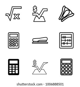set of 9 editable outline icons such as calculator, abacus, mathematical square, square root