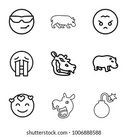set of 9 editable outline icons such as hippopotamus, cool emot in sunglasses, emot in love, crying emoji, angry emoji