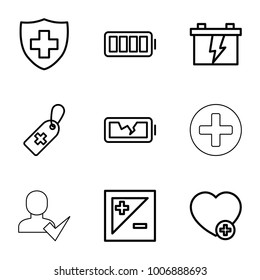 set of 9 editable outline icons such as battery, medical cross tag, medical sign, add favorite, ful battery, broken battery, light exposure, plus