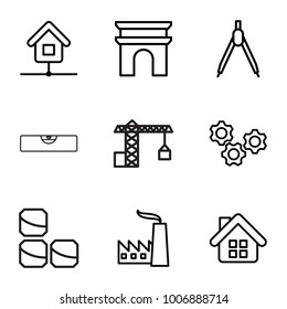 set of 9 editable outline icons such as arc de triomphe, compass, gear, home, factory, construction crane, brick wall