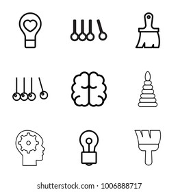  set of 9 editable outline icons such as brain, bulb, brush, cradle, bulb heart, pyramid, gear in head