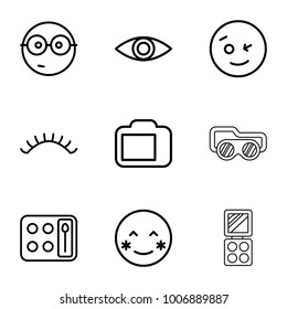 set of 9 editable outline  icons such as eyeshadow palette, eyelashes, blush, wink emot, nerd emoji, camera display, eye