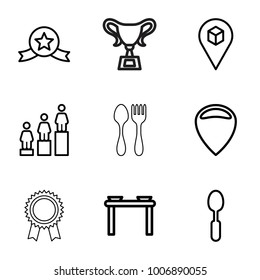 set of 9 editable outline icons such as ranking, location, table with plates and pan, spoon, medal with star, award, trophy