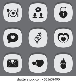 Set Of 9 Editable Passion Icons. Includes Symbols Such As Sexuality, Proclamation, Darling And More. Can Be Used For Web, Mobile, UI And Infographic Design.