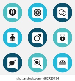 Set Of 9 Editable Passion Icons. Includes Symbols Such As Lovers, Locked Heart, Dartboard And More. Can Be Used For Web, Mobile, UI And Infographic Design.