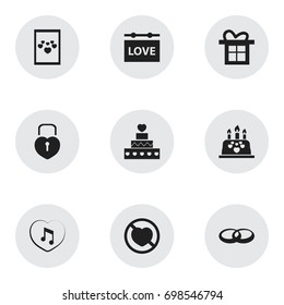 Set Of 9 Editable Passion Icons. Includes Symbols Such As Gift, Prohibit, Music And More. Can Be Used For Web, Mobile, UI And Infographic Design.
