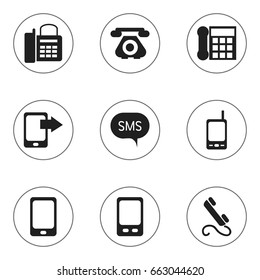 Set Of 9 Editable Phone Icons. Includes Symbols Such As Calling Device, Office Telephone, Retro Telecommunication And More. Can Be Used For Web, Mobile, UI And Infographic Design.