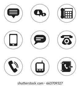 Set Of 9 Editable Phone Icons. Includes Symbols Such As Comment, Chatting, Smartphone And More. Can Be Used For Web, Mobile, UI And Infographic Design.