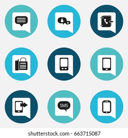 Set Of 9 Editable Phone Icons. Includes Symbols Such As Chat, Office Telephone, Tablet And More. Can Be Used For Web, Mobile, UI And Infographic Design.