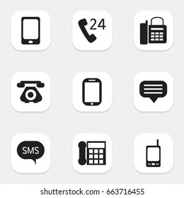 Set Of 9 Editable Phone Icons. Includes Symbols Such As Chat, Radio Talkie, Tablet And More. Can Be Used For Web, Mobile, UI And Infographic Design.
