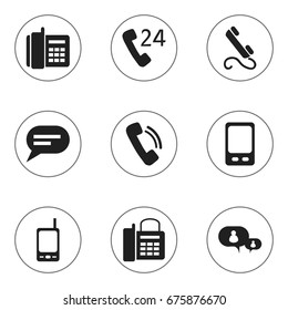 Set Of 9 Editable Phone Icons. Includes Symbols Such As Radio Talkie, Home Cellphone, 24 Hour Servicing And More. Can Be Used For Web, Mobile, UI And Infographic Design.