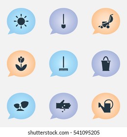 Set Of 9 Editable Plant Icons. Includes Symbols Such As Seed Planting, Bailer, Vacuum Cleaner And More. Can Be Used For Web, Mobile, UI And Infographic Design.